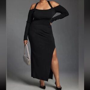 Anthropologie Midi Slit Dress Women’s 1X Knit Ribbed Square Neck Cold Shoulder